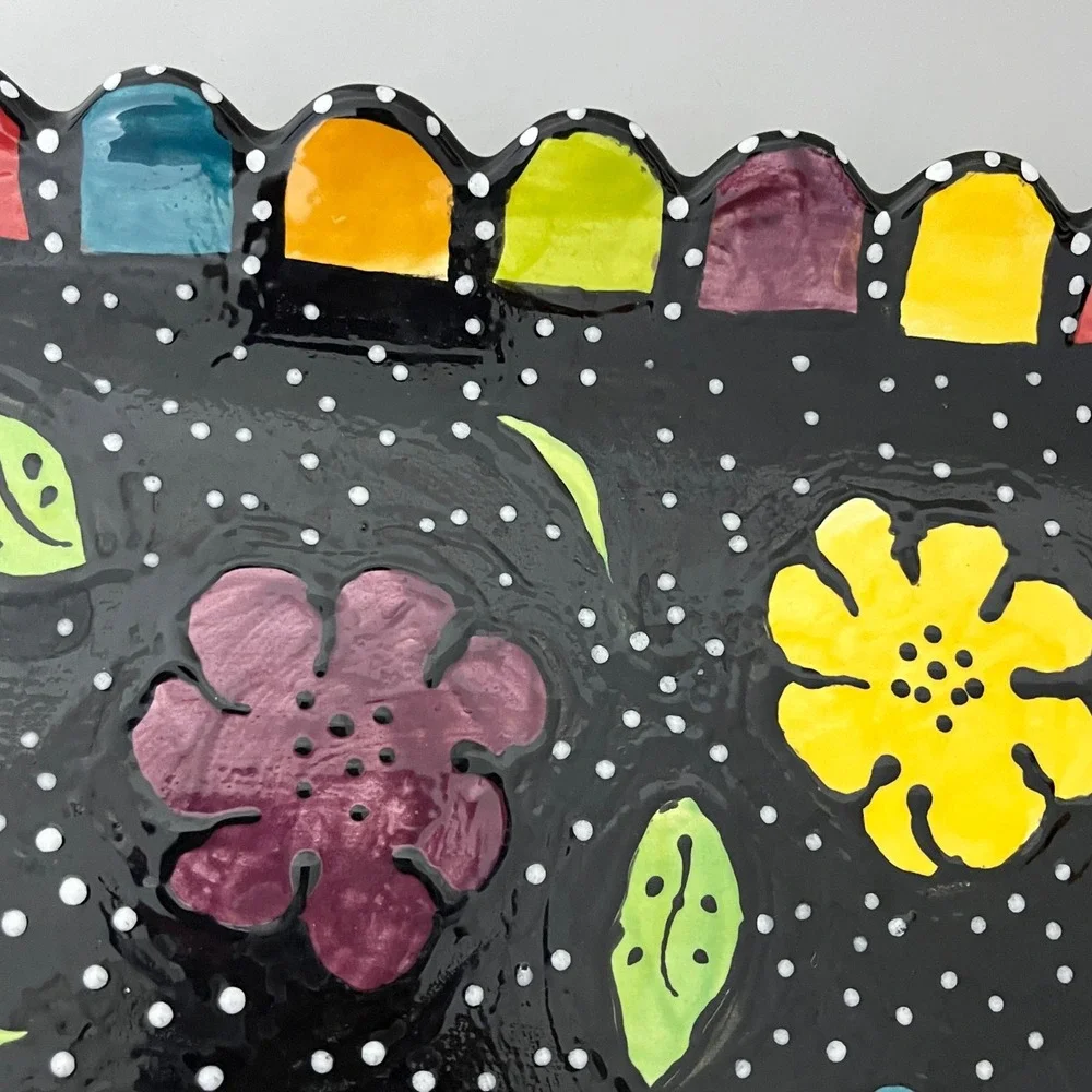Handmade Studio Artisan Serving Platter  Black Floral Polka Dot Scalloped Tray